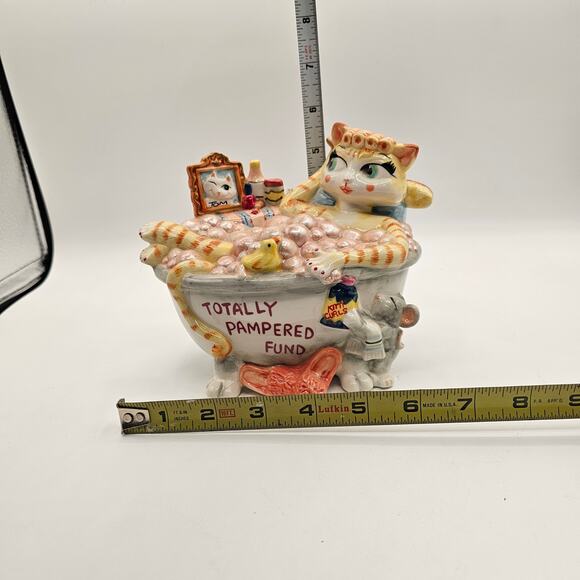 Fitz & Floyd Ceramic Cat & Mouse Bank-Totally Pampered Fund Bubble Bath-No Plug - Picture 8 of 10